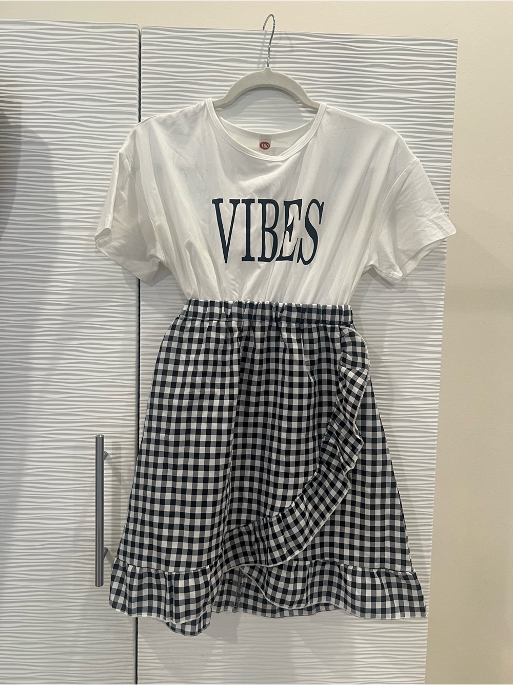 Vibes Graphic Tee & Gingham Skirt Dress - White and Black